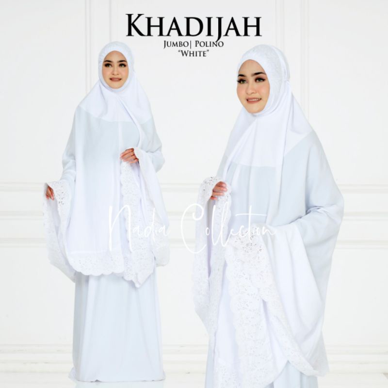 Mukena khadija Potongan Jumbo putih polos kombinasi bordir bahan Polino adem