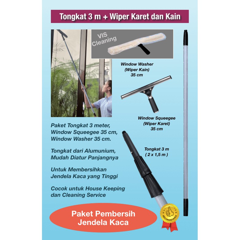 Tongkat Pembersih Kaca 3 m dgn Wiper Karet dan Kain 35 cm