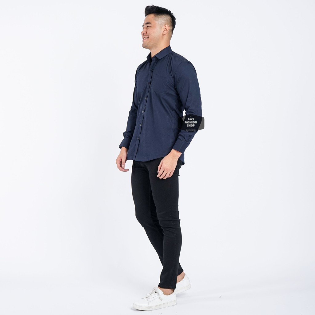 Kemeja Pria Lengan Panjang Polos Biru Navy Dark Blue Navy Polos Slimfit Casual 3264