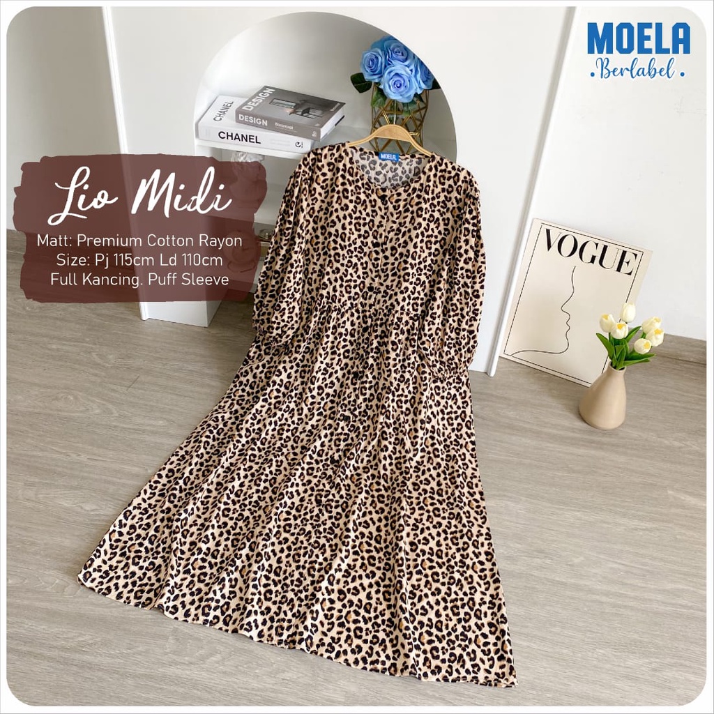 TERMURAH LIO MIDI DRESS ORIGINAL BY MOELA BERLABEL/ DRESS RAYON MOTIF LEOPARD/MIDI FULL KANCING