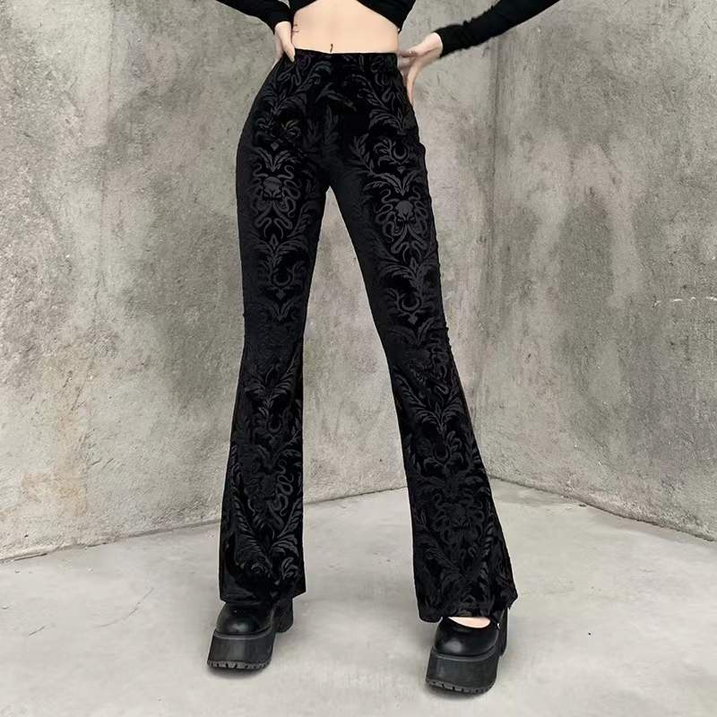 [Goth]Velvet High Waisted Fit &amp; Flare Long Pants 8463 (S/M/L)