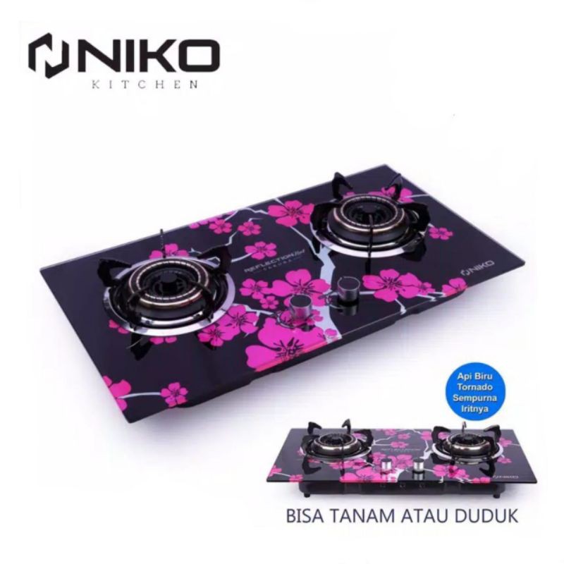 Kompor Tanam / Duduk Gas Kaca 2 Tungku Niko Reflection Next Sakura Tempered Glass