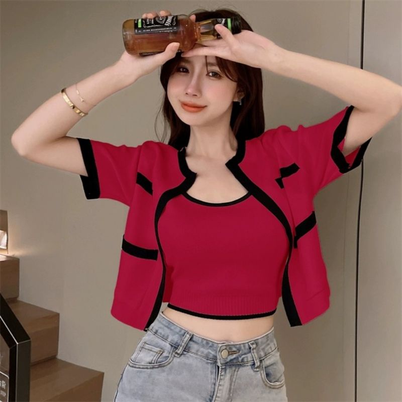 20212 Baju Set kardigan Cardigan dan tengtop tanktop kensi lengan pendek rajut import impor wanita t
