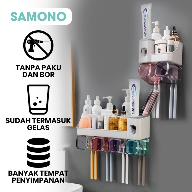 SAMONO STR01 - STR02 Tempat Gantung Sikat Gigi Oragnizer Toilet Multifungsi Termasuk Gelas bisa Tempel di Dinding