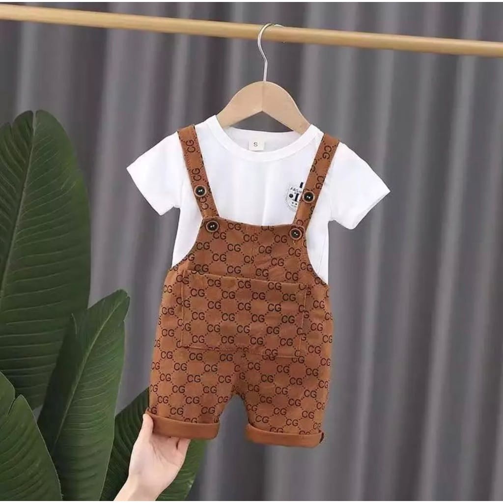 setelan anak laki laki/baju anak laki laki motif lv kodok/setelan jumper/setelan overall/setelan over all/baju anak perempuan/setelan over all anak perempuan