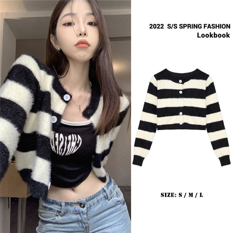 COD##Wanita Lengan Panjang Bergaris Rajutan Cardigan Tipis dan Jaket Pendek/rajut crop lengan panjan