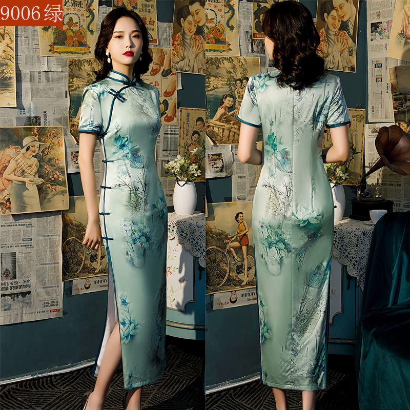 2022 summer new cheongsam long style retro slim fashion daily performance silk improved cheongsam dr