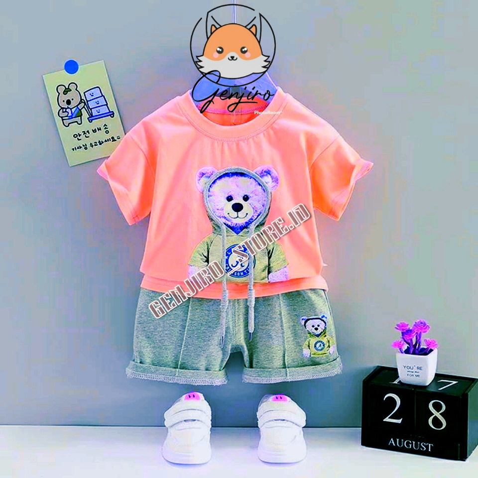 SETELAN ANAK LAKI LAKI/SETELAN ANAK COWOK LENGAN PENDEK CELANA PENDEK/GANBAR PRINT BEAR/AKSEN TALI HOODIE/UNTUK USAI 6 BULAN - 4TAHUN/BISA COD