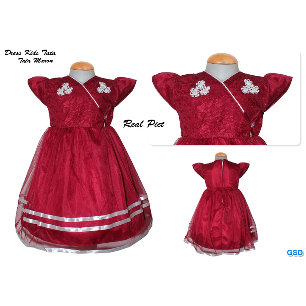 Dress Kids Tata/Dress Brukat Anak Princess/Gaun Pesta Motif Renda/ Baju Anak Bayi 2-4 Tahun