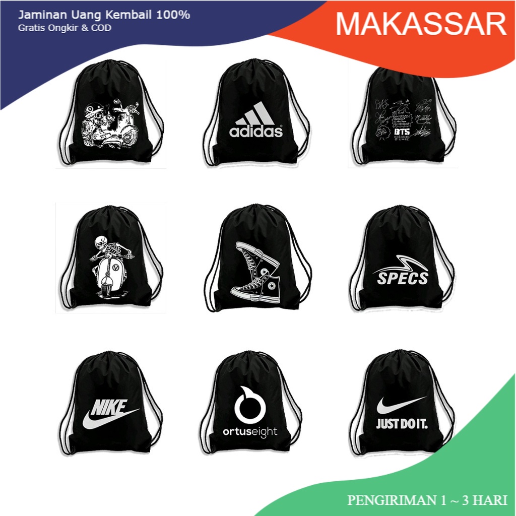 Tas Serut Terlengkap - String Bag - New Stringbag - Tas Anti Air / Tas Olahraga Drawstring Bag Gym Bisa Custom Tas Polos A