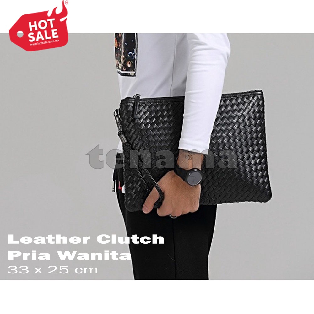 Tas Leather Clutch Handbag Pria Wanita Kulit Model Anyaman 33 x 25