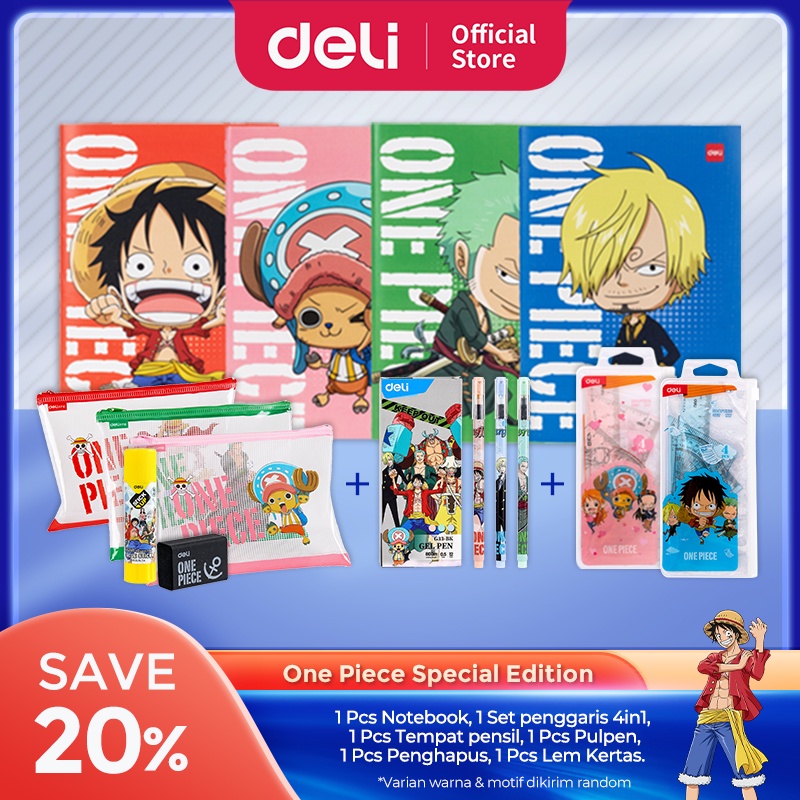 

Bundle One Piece 6in1 / Notebook, Set penggaris 4in1, Tempat pensil, Pulpen, Penghapus, Lem Kertas