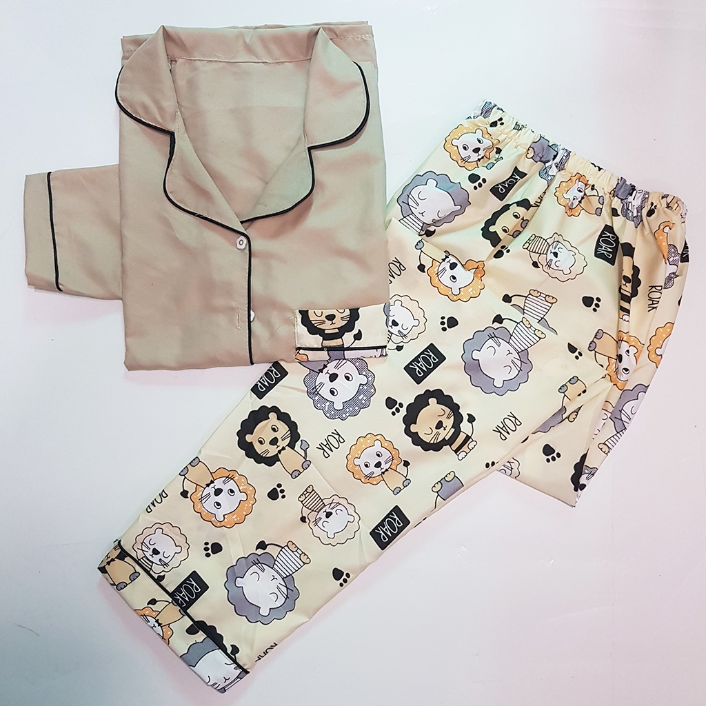 Stelan Baju Tidur Piyama Dewasa Lengan Panjang All Size Motif Lumina-PPL LION BEIGE COMBI