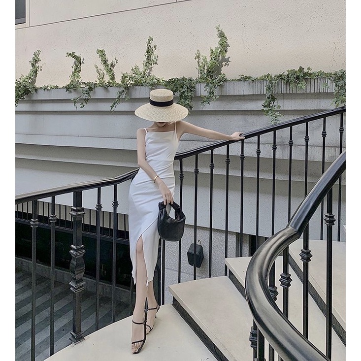 Michelin slit dress pesta korean white dress prom formal tank spaghetti dress vintage summer beach