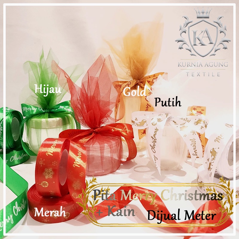 Pita Satin Merry Christmas  Natal + Kain Tile Souvenir Pita Jual Meteran Untuk Bungkus Souvenir Hampers Natal