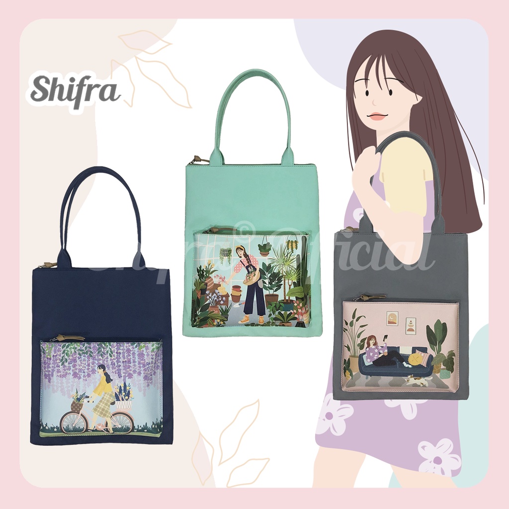 Shifra Tas Laptop Tali Pundak Kantong Depan Woman Grey Mint Navy (Free Pouch Masker)