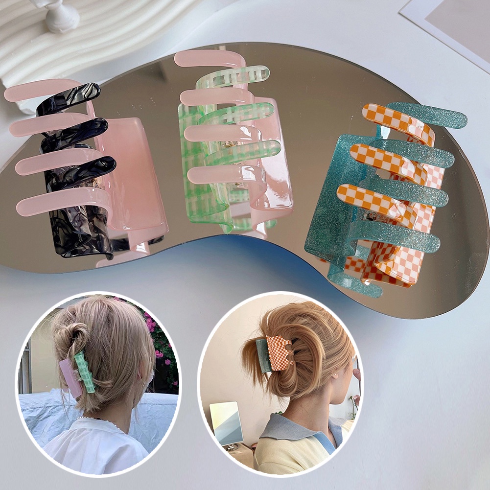 Jepit Rambut Bentuk Geometri Motif Kotak-Kotak Warna Blok
