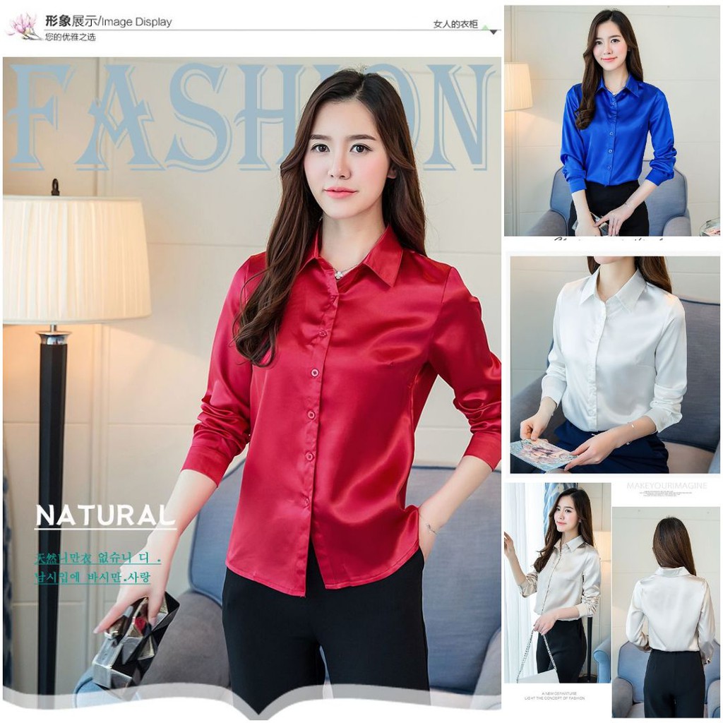A154231 BAJU ATASAN WANITA KEMEJA SATIN POLOS SILK HALUS LEMBUT IMPOR FASHION CEWEK KOREA IMPORT