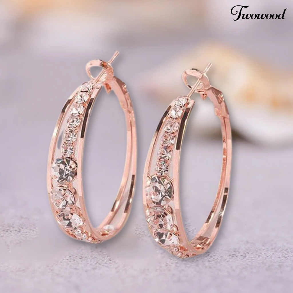 1 Pasang Anting Hoop Berlian Imitasi Bentuk Lingkaran Warna Rose Gold Untuk Wanita