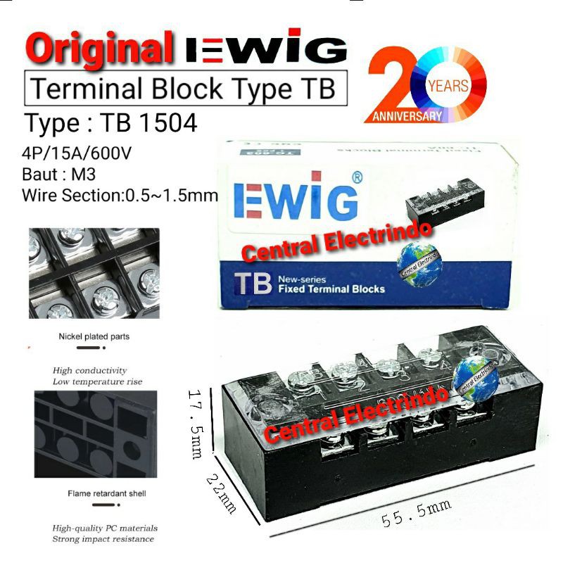 Terminal Block Blok 15A 4P (TB 1504) EWIG.