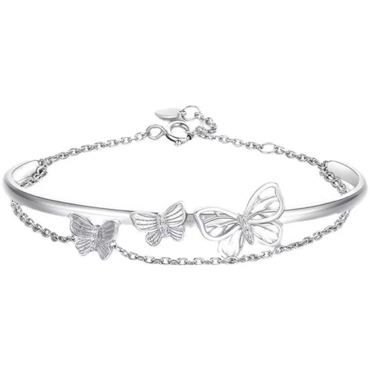 Gelang Rantai Lapis Ganda Desain Butterfly Heart Warna Silver Untuk Wanita