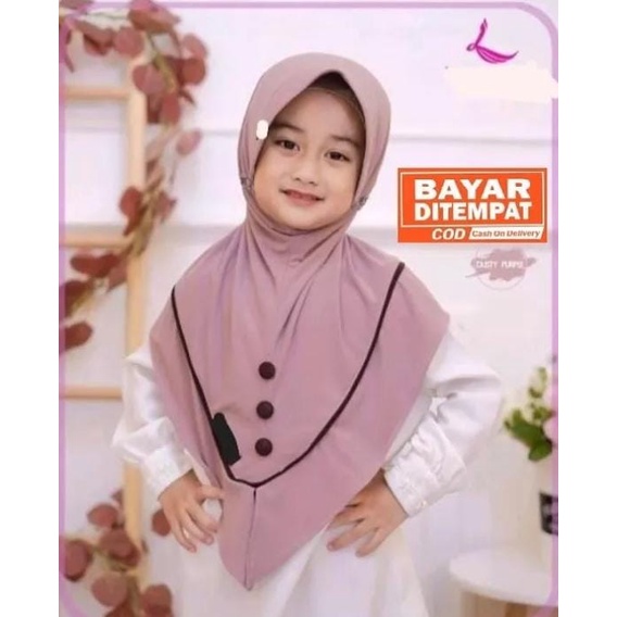 kerudung instan jersey bergo anak perempuan umur 3-8 tahun bahan jersey hyget jumbo motif list kancing tali serut ped antem terbaru