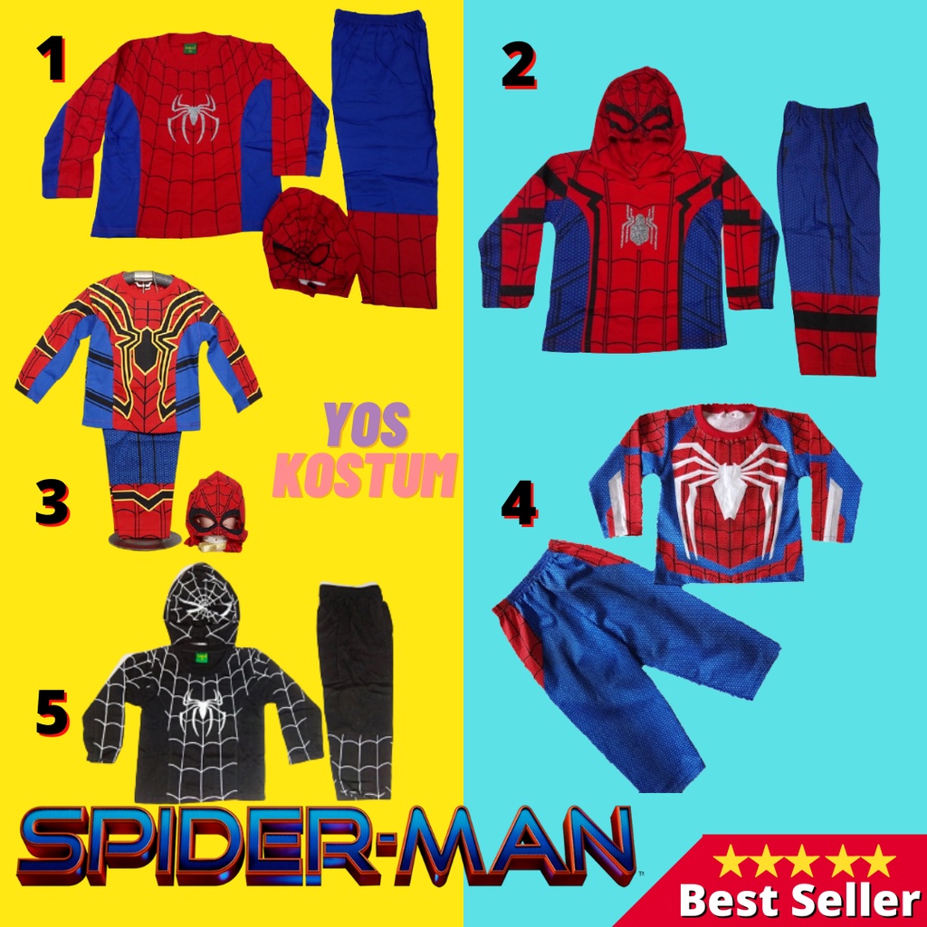 Kostum Anak Laki Laki Spiderman Baju Setelan Panjang Karakter Superhero Spider Man Topeng