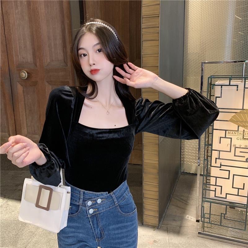 Korean blouse top square neck velvet (Bludru, Tidak crop) /atasan wanita baju natal / Blouse  gaya k