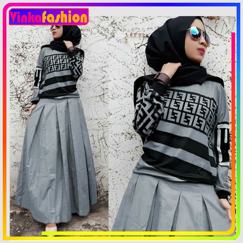 Baju Cewek Muslimah Syar'i Setelan wanita Warna Grey Hitam ...