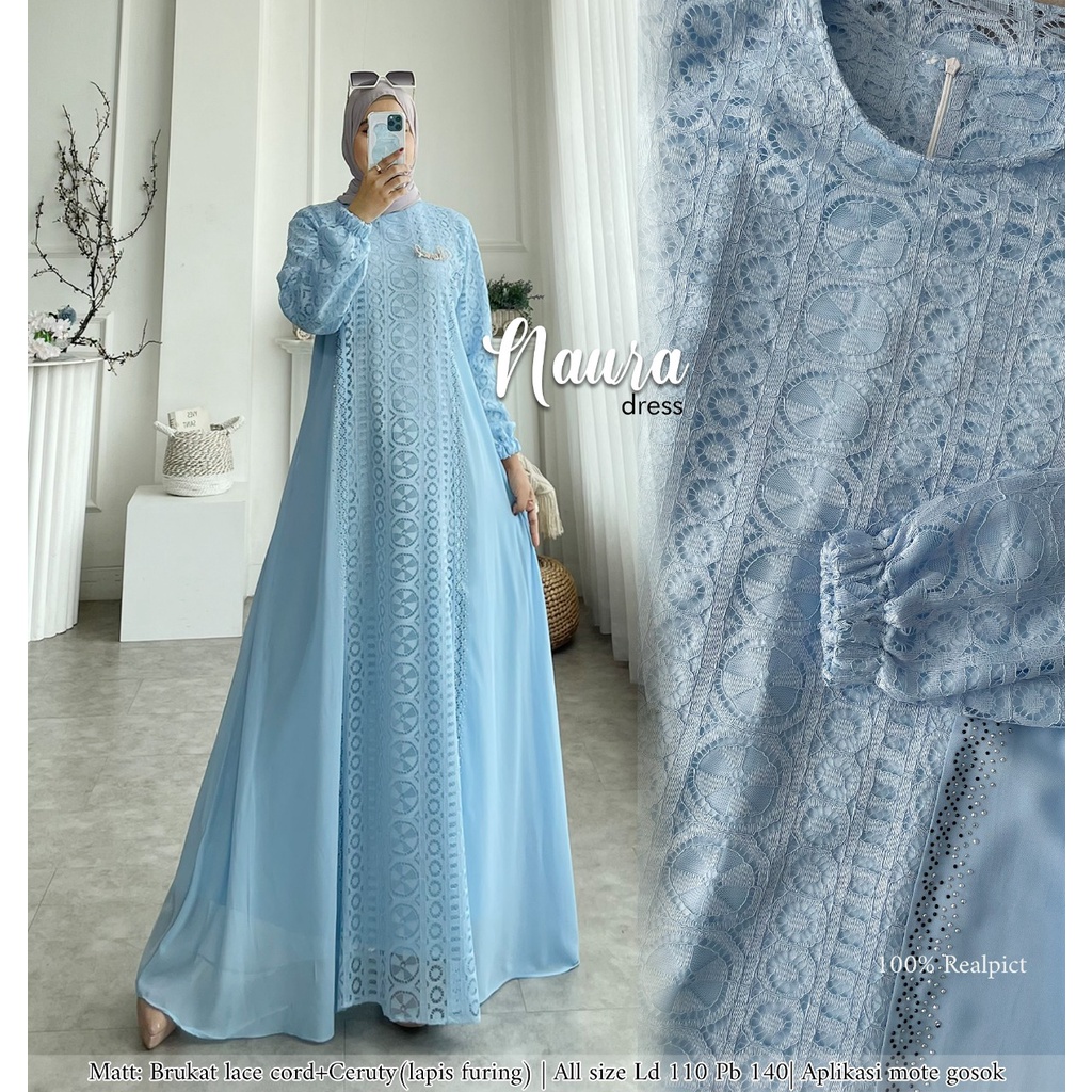 Zahira1808 Naura Kemala Bahan Brukat Cord Lace Mix Ceruty Baby Doll Gamis Muslim Syari Ibu Busui Dress Hijab Ori GLZ-3