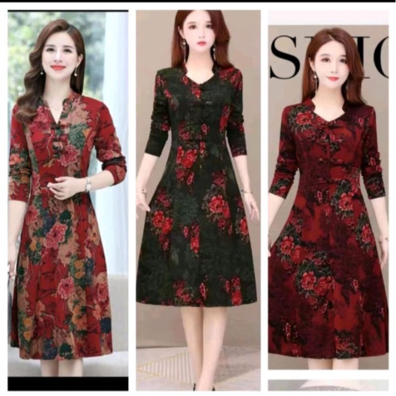 Dress Premium Import Tunik Wanita Cheongsam Bunga