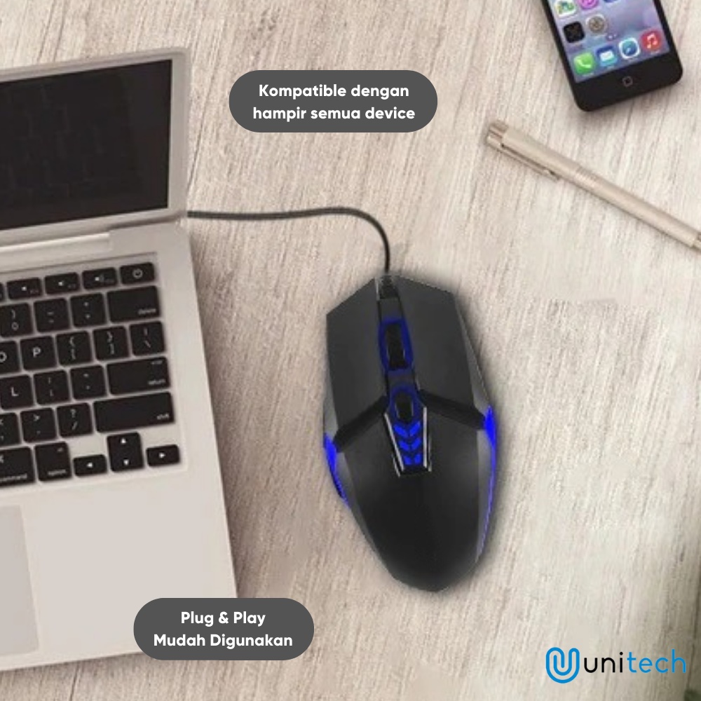 Mouse Gaming Kabel USB Unitech 1200DPI Dengan 7 Lampu LED V8