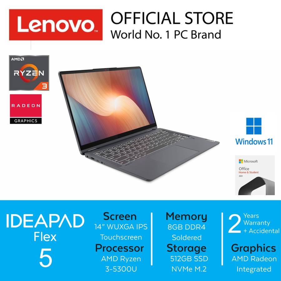 LENOVO IDEAPAD FLEX 5 - RYZEN 3-5300U - 8GB - 512GB SSD - 14&quot;WUXGA IPS TOUCH+PEN - WIN11 - OFFICE HOME STUDENT