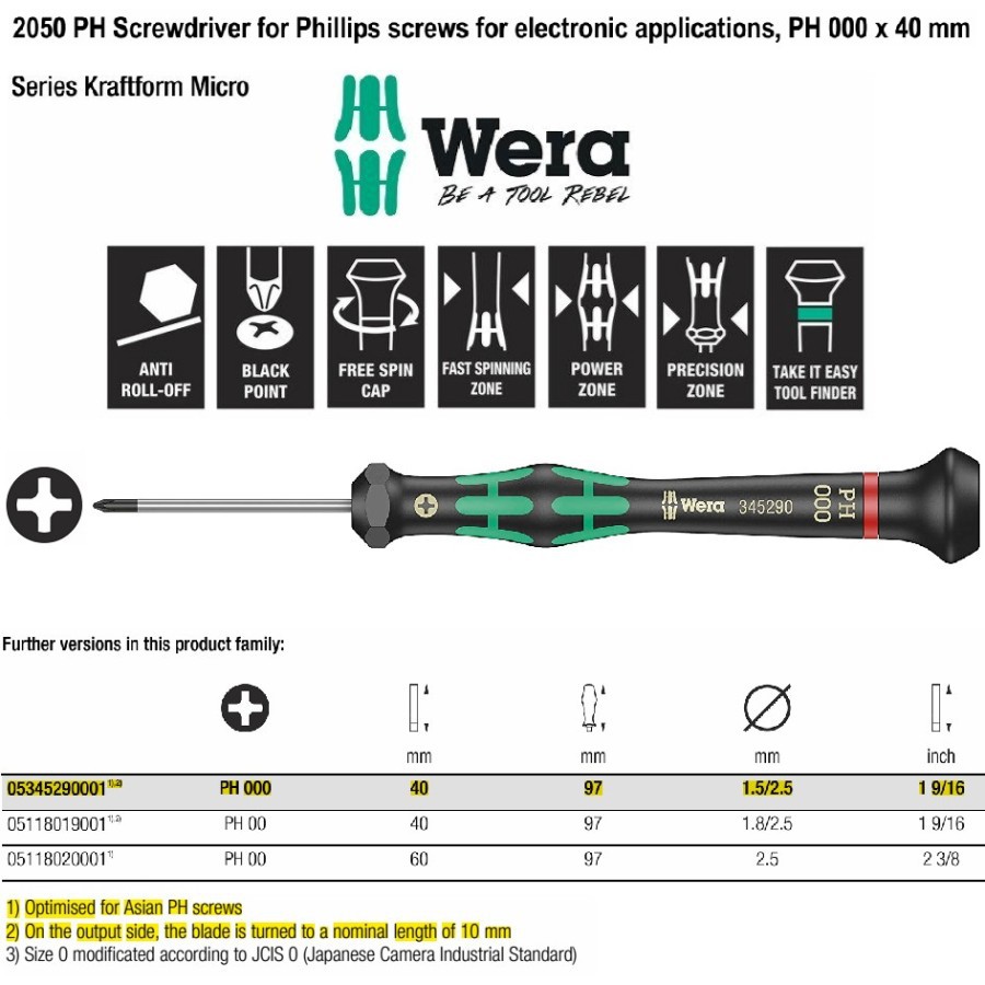 WERA 05345290001 Obeng Plus Micro PH 000 x 40 mm Phillips Screwdriver PH000