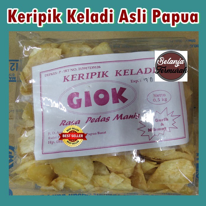 

Kripik Keladi Papua rasa pedas manis kemasan 500gram cemilan murah oleh oleh raja ampat merek Giok