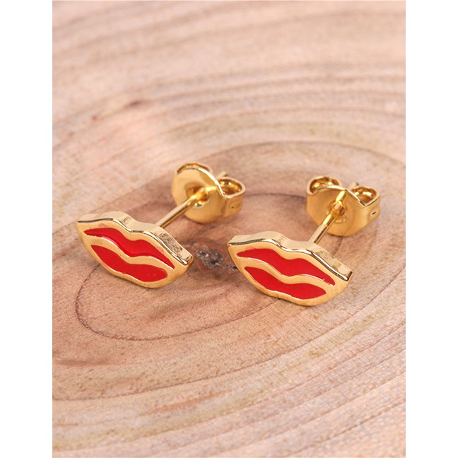 LRC Anting Tusuk Fashion Gold Red Lips Earrings D44972