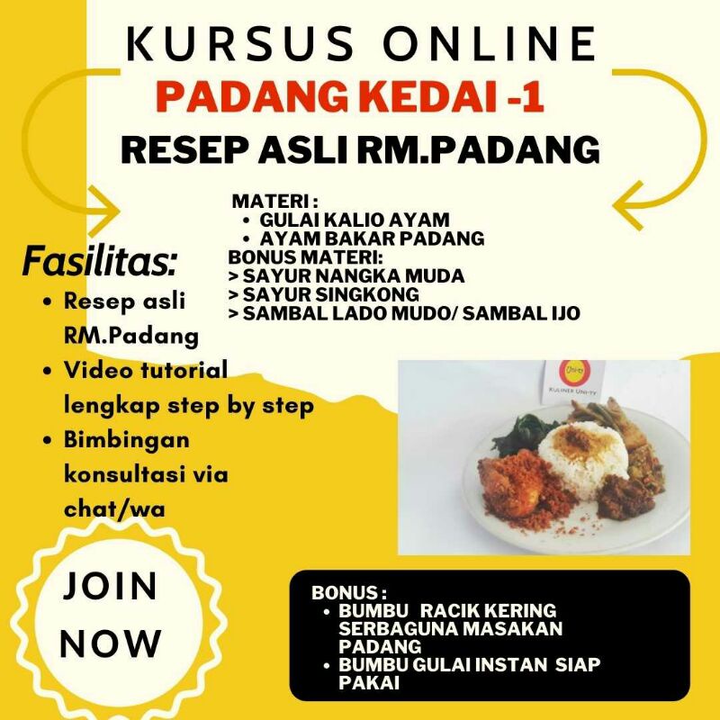 

PROMO E-Course Menu Kedai Masakan Padang Part 1, Bonus bumbu seharga 70 Ribu resep asli RM.Padang