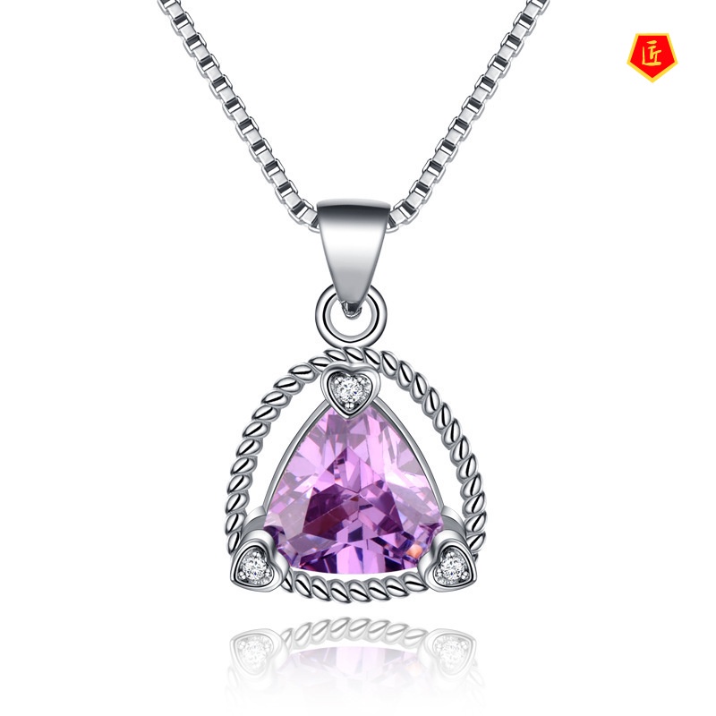 [Ready Stock]Korean Style Triangle Amethyst Gemstone Necklace Simple Fashion