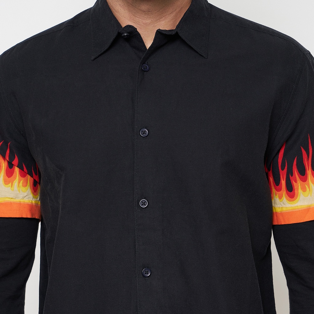 FSBN Kemeja Long-Sleeved Shirt Fire Black Print Viscose Original