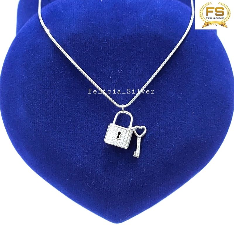 KALUNG PERAK ASLI SILVER WANITA 925 LAPIS EMAS PUTIH MODEL LIONTIN GEMBOK/KUNCI - PERHIASAN PERAK AS