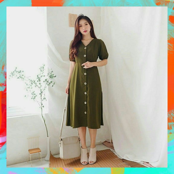 baju wanita midi dress summeri bahan moscrepe warna army size xl(U1N4) VINTAGE MINI DRESS midi dress
