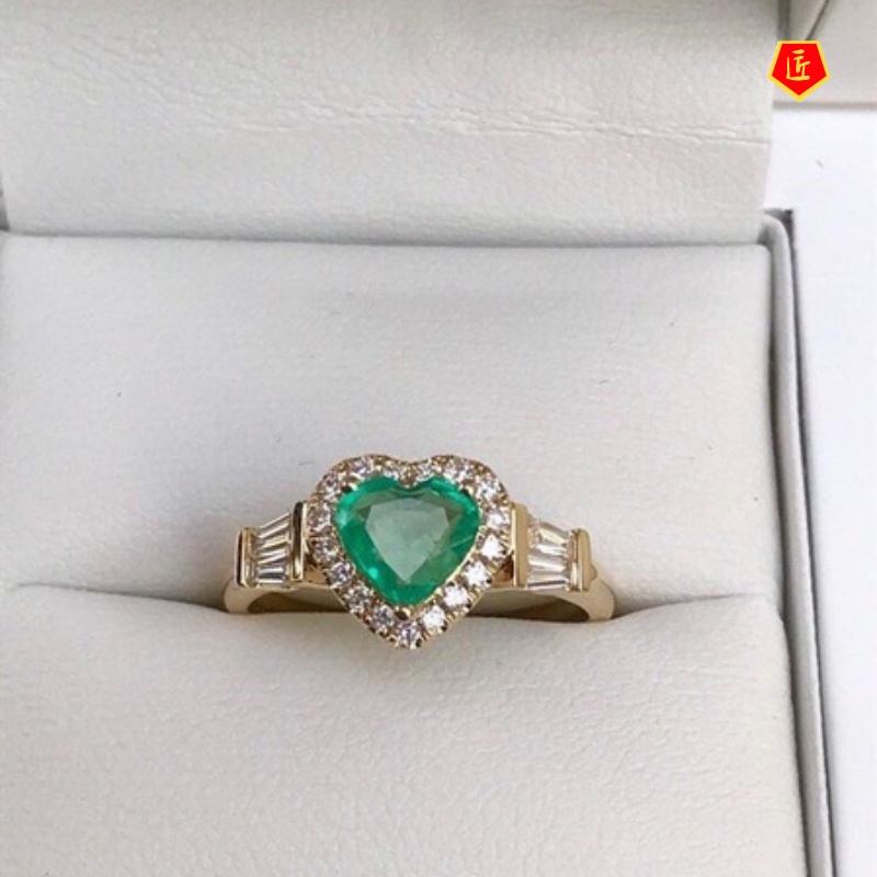 [Ready Stock]Simple Fashion Heart-Shaped Emerald Ring Female 18K Gold