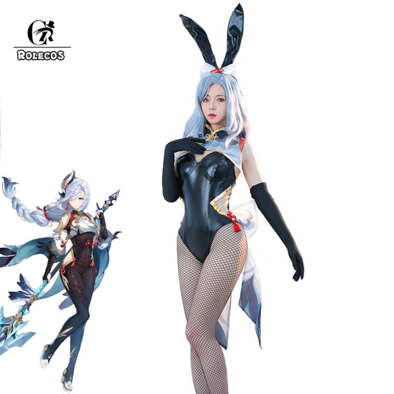 Genshin Impact Shenhe Cosplay Costume Game Shenhe Sexy Women Jumpsuit Bunny Girl Cosplay Costume  Ha
