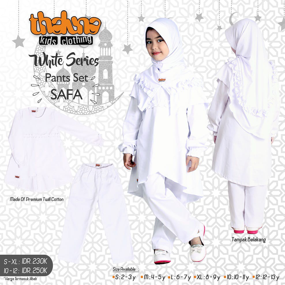 Baju Muslim Anak  Warna  Putih  Set Tunik Celana  Jilbab 