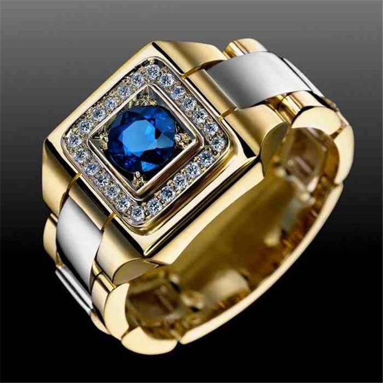 Cincin Bahan Stainless Steel Lapis Emas Hias Berlian Zirkon Biru Hijau Untuk Pria