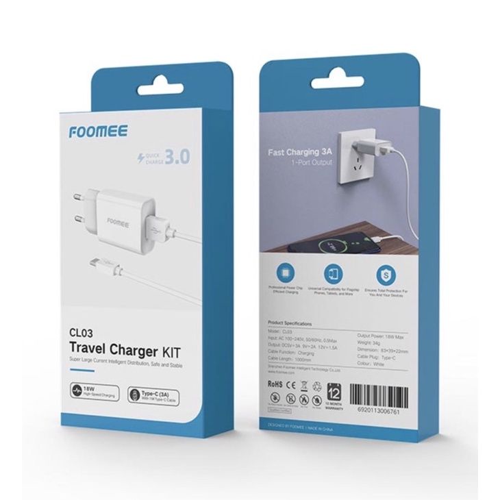 Charger HP TYPE original FOOMEE CL03 Travel Charger 18W + cable Type-C 3A Quick Charge 3.0 1M