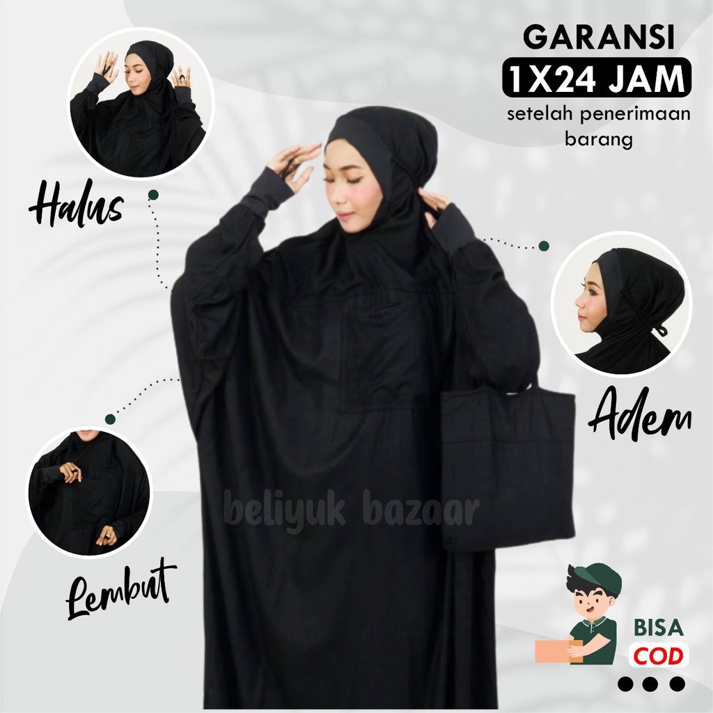 Mukena Mukenah Terusan Malaysia Manset Rayon Jumbo Dewasa Travel Adem Dingin Halus Lembut Hitam