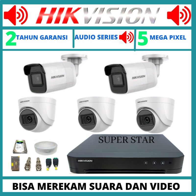 PAKET CCTV HIKVISION 5MP AUDIO 8 CHANNEL 5 KAMERA BISA MEREKAM SUARA DAN GAMBAR