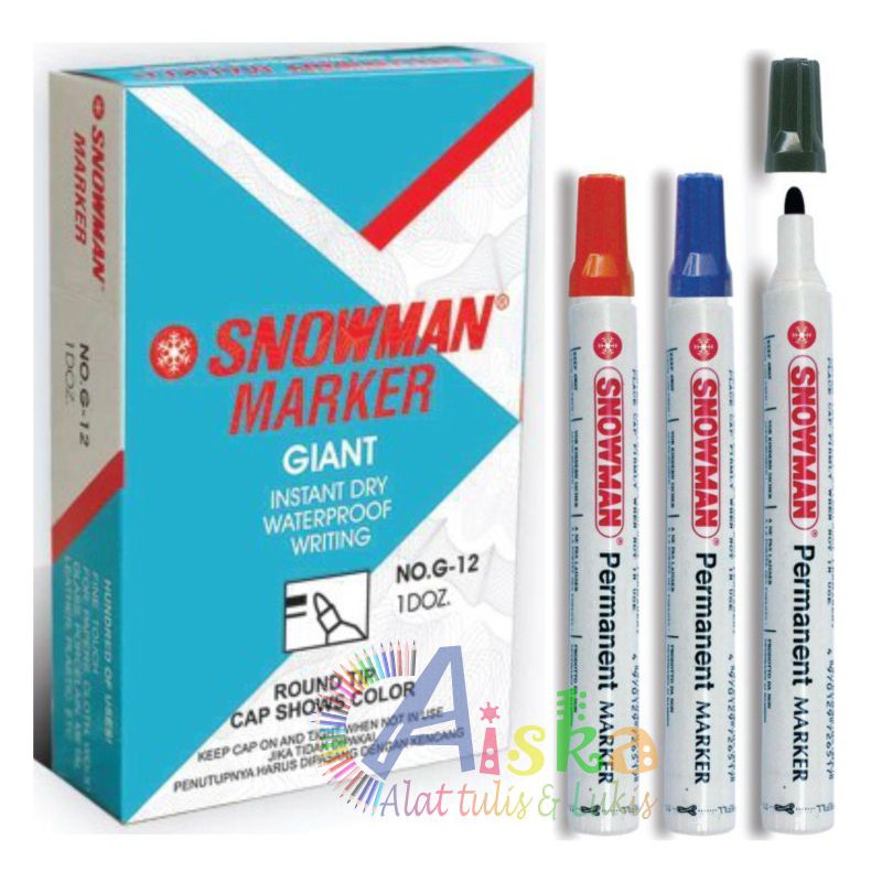 

Spidol Permanen SNOWMAN G-12 - Perpcs (warna HITAM, MERAH, BIRU) Grosir & Eceran
