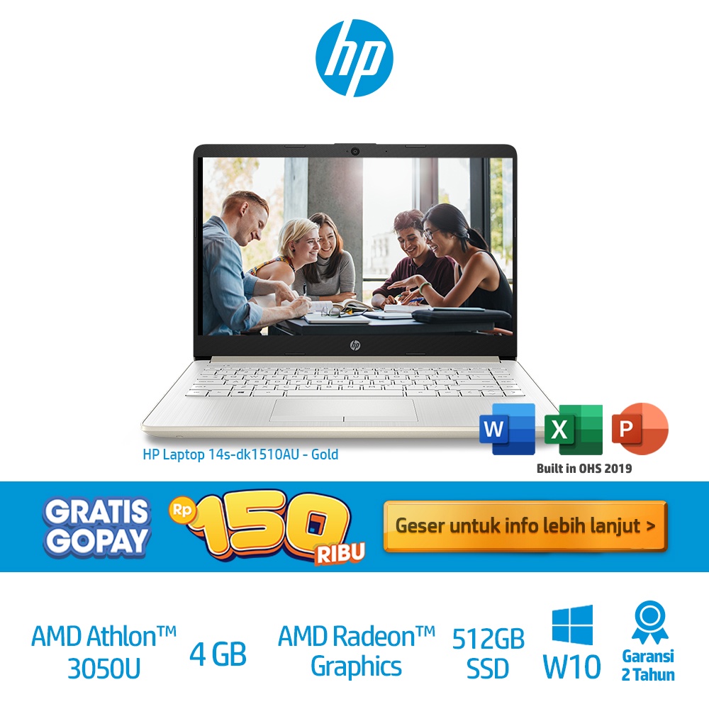 HP Laptop 14s-dk1510AU AMD 3050U/4GB/512GB/UMA/Backlit KB+W10+OHS/2Year/GOLD/14